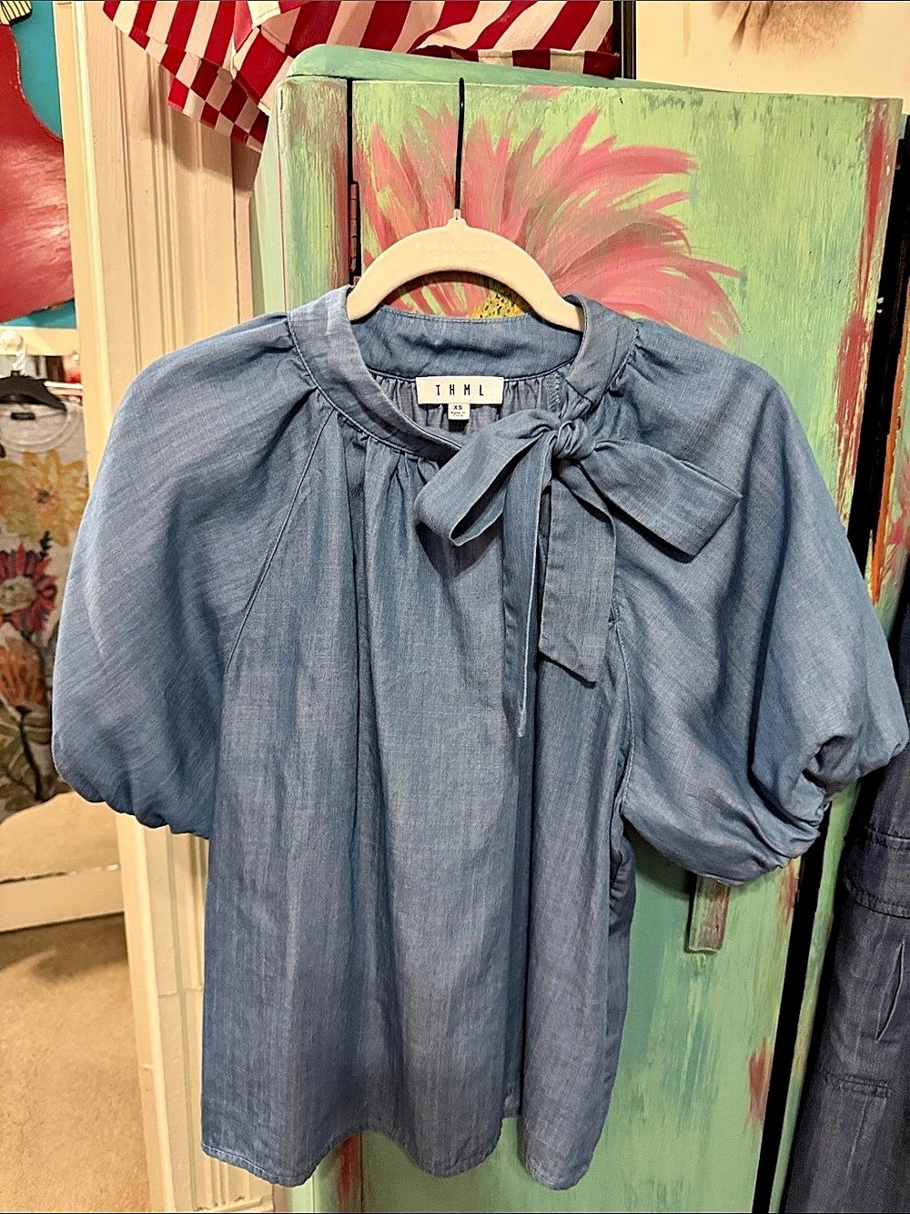 Blue Tie-Neck Puff Sleeve Blouse Like New
